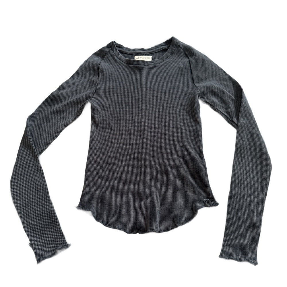 Free People We the Free Waffle Knit Long Sleeve Ruffle Hem Top in Charcoal XS